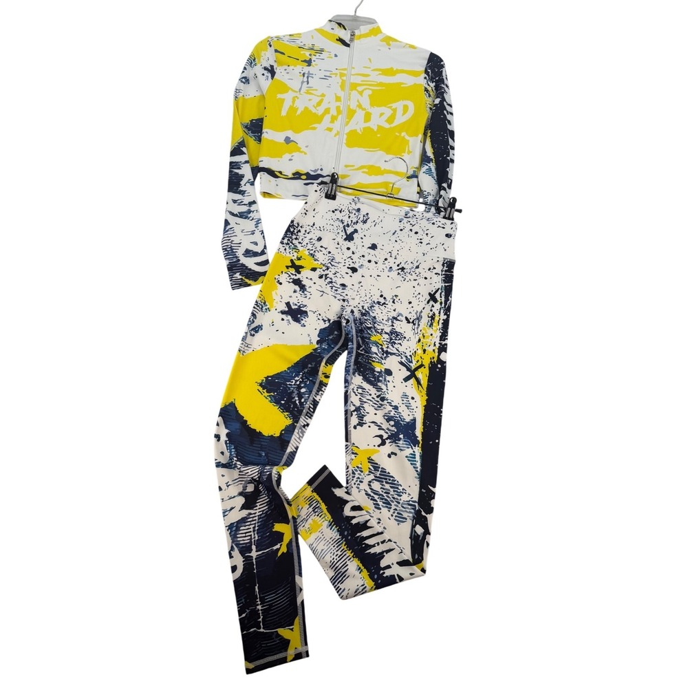 Y2K Graffiti‎ Print Activewear Set Cropped Zip Jacket Leggings Medium